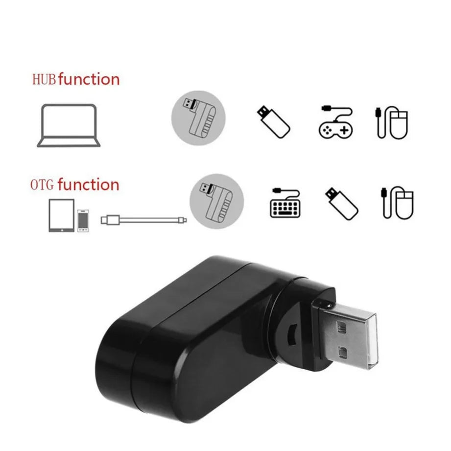 USB Hub 2.0 Adapter Rotate High Speed U Disk Reader Splitter 3