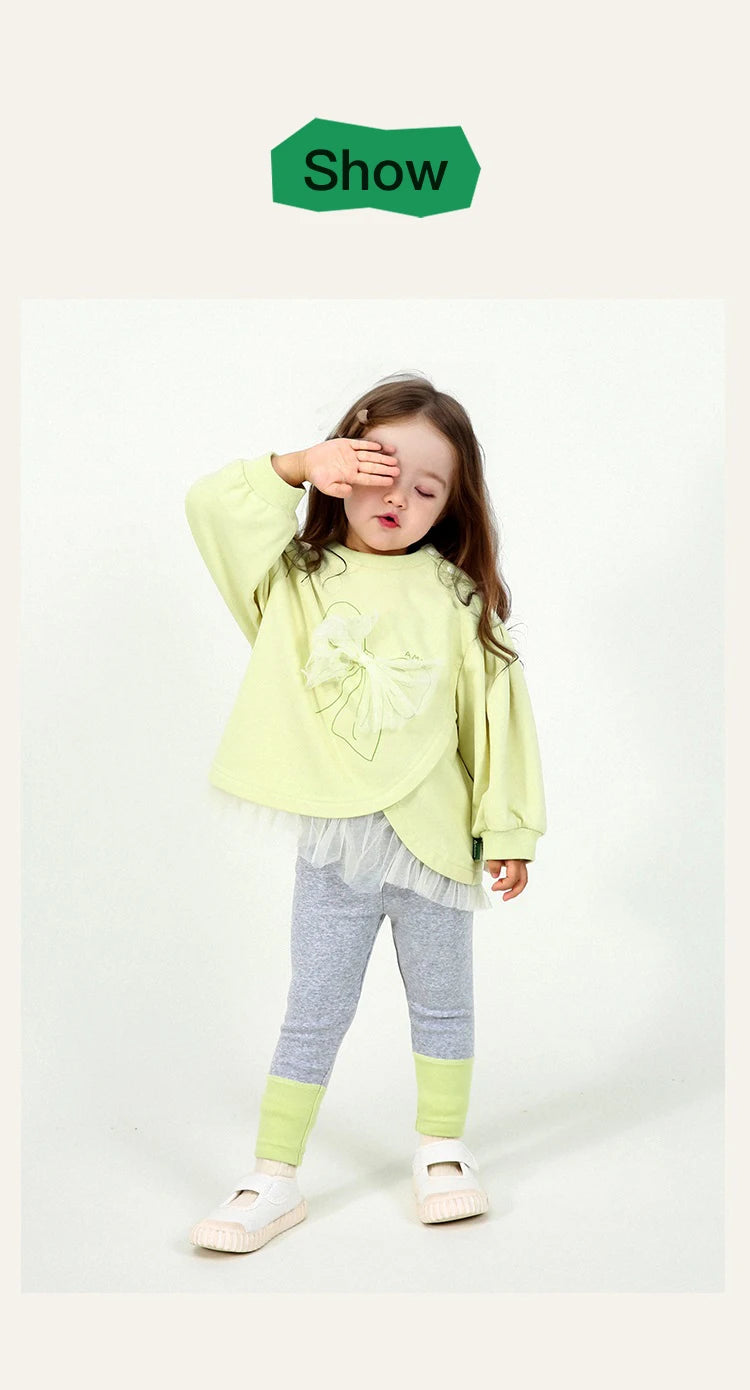 Amila Baby Set 2025 Spring New Solid Color Bow Solid Loose Sweatshirt Leggings Casual Soft Children's Two-Piece Set