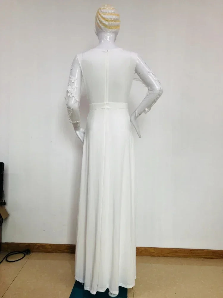 Elegant Jumpsuits Women Perspective Long Sleeve Lace White Lady Straight High Waist Spring Fake 2 Pieces Jumpsuit Lugentolo