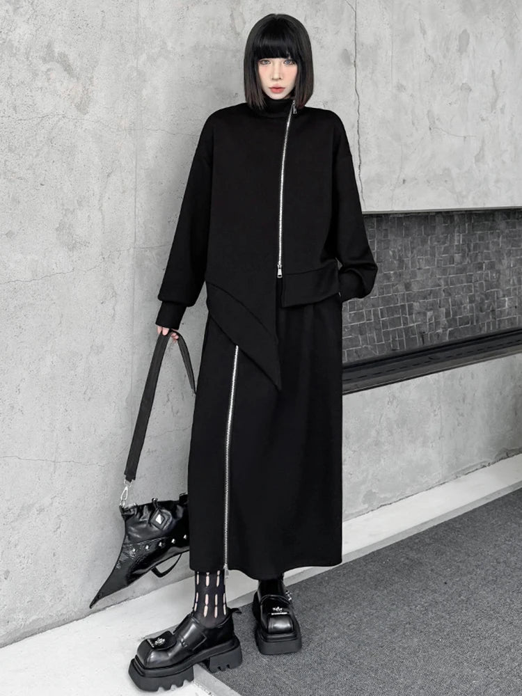 [EAM] Zipper Sweatshirt Half-body Skirt Two Pieces Suit New Turtleneck Long Sleeve Women Fashion Tide Spring Autumn 2026 1DH7237