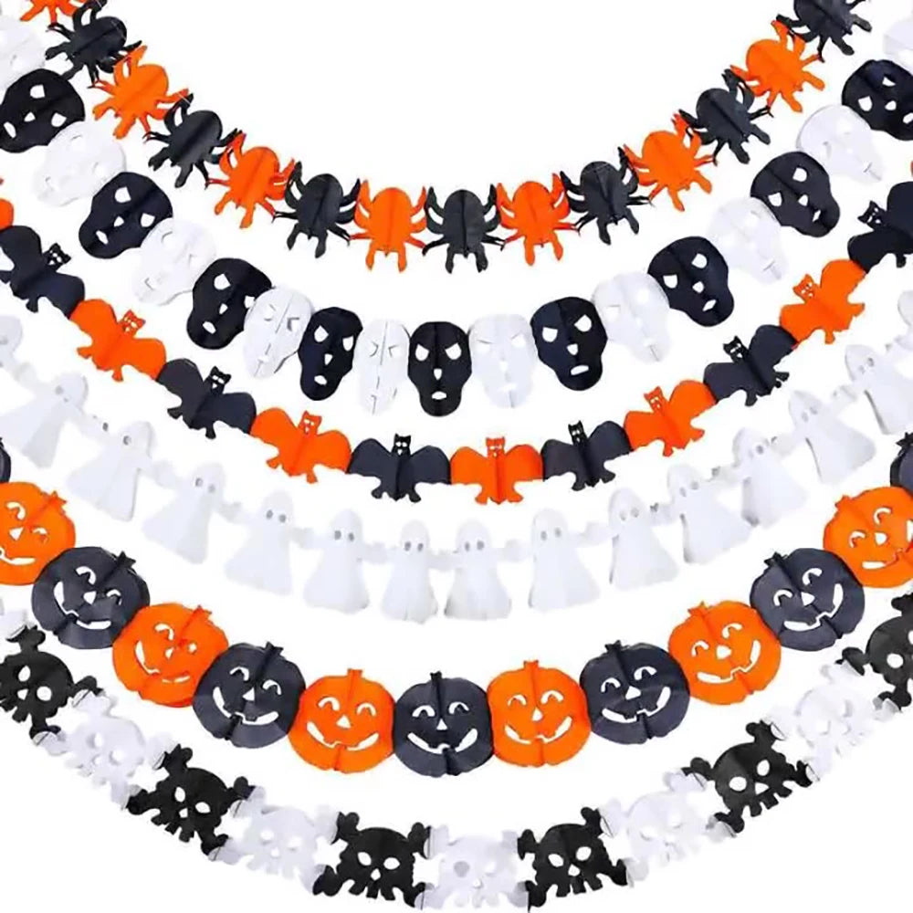 Halloween Ghost Garland,3M Length Pumpkin Bat Skull Paper Garland,Pull Flag,Halloween Party Home Decoration
