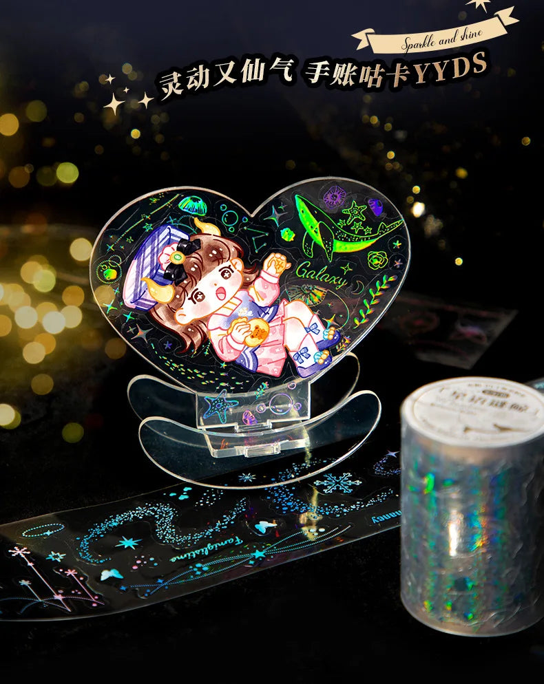 5.5*200cm 1roll Metallic PET Tape for Journaling, Laser Gold/Silver Decorative Stickers, DIY Scrapbook Washi Supplies