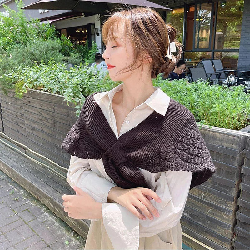 Winter Warmer Solid Color Blouse Cover Shoulder Korean Cape Fake Collars Knotted Scarf Thick Muffler Women Knitted Shawl Scarf