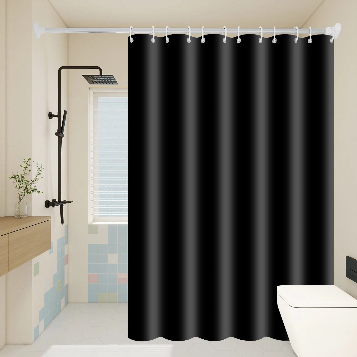 1pc Minimalist Black Shower Curtains, Basic soild-color waterproof bathroom accessories