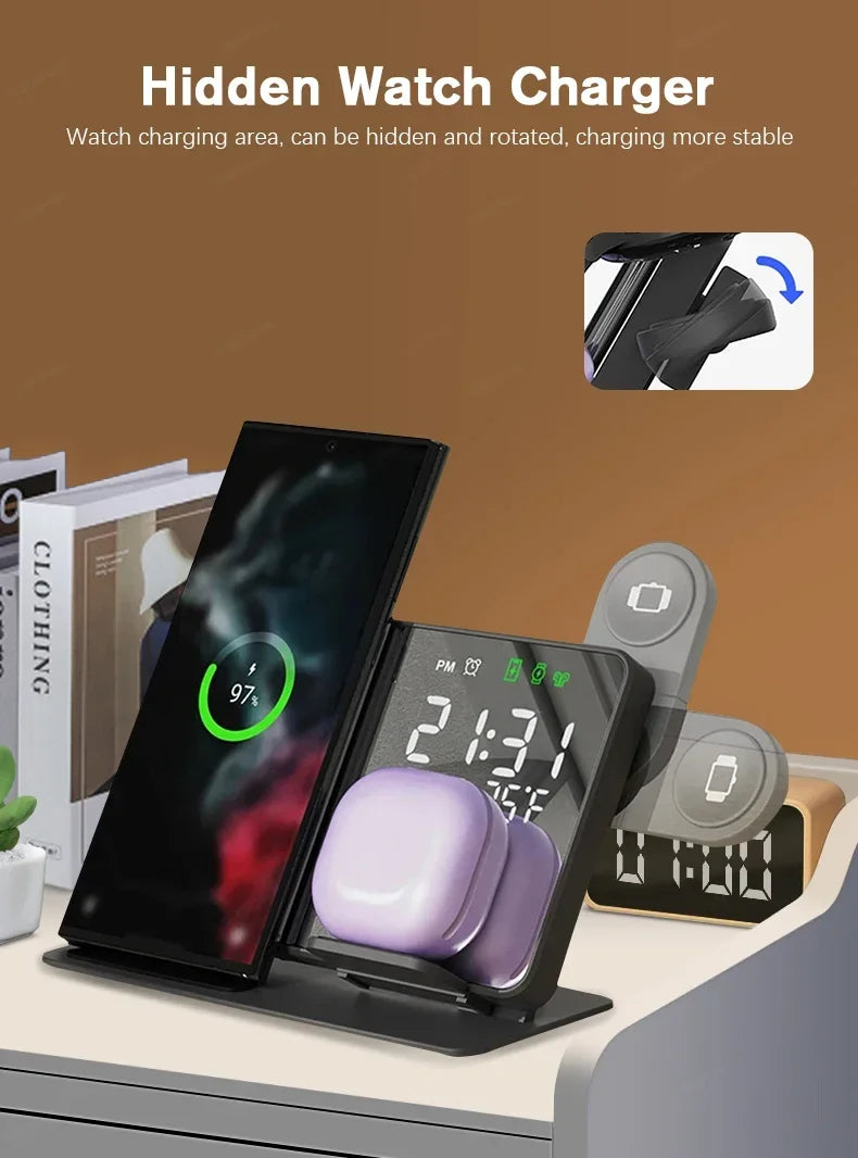 3 in 1 Wireless Charger For Apple Samsung Galaxy Watch 6 5 Pro S24 S23 S22 Fast Charging Station Alarm Clock Phone Charger Stand