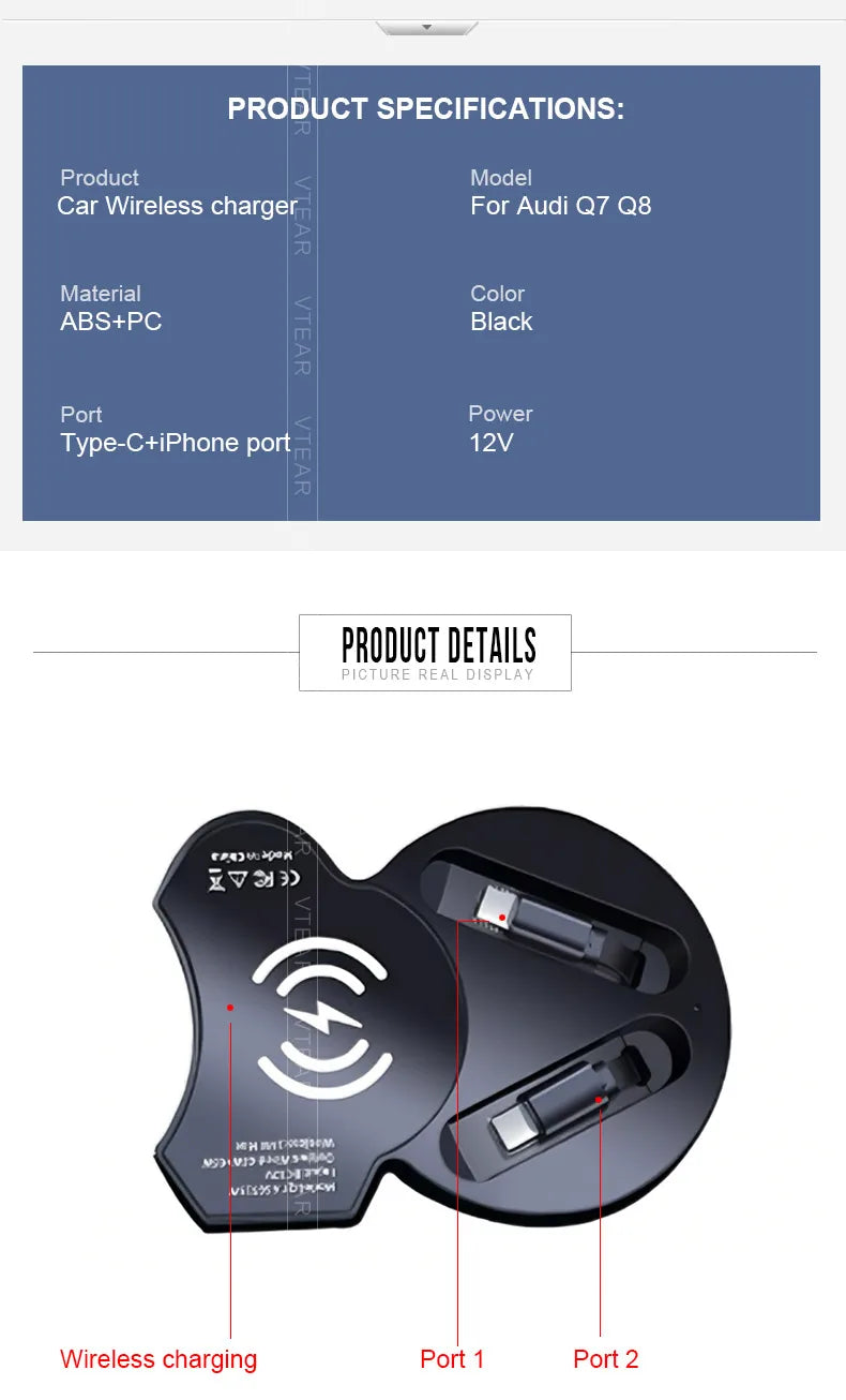 For Audi Q7 2020-2025/ Audi Q8 2017-2025 Car Wireless Charger with Expansion Cable Dual Port Type-C Fast Charging Adapter