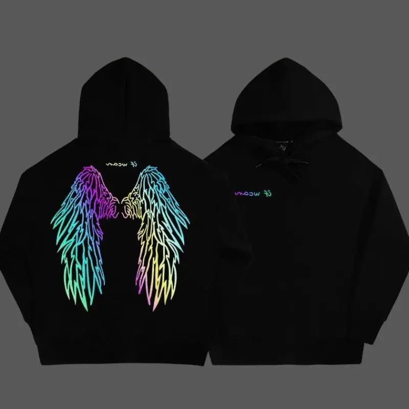 Reflective Male Hoodie Hip Hop Overfit New in No Brand Y2k Vintage Novelty and Simple 90s Tops Fleeced Men's Hooded Sweatshirt