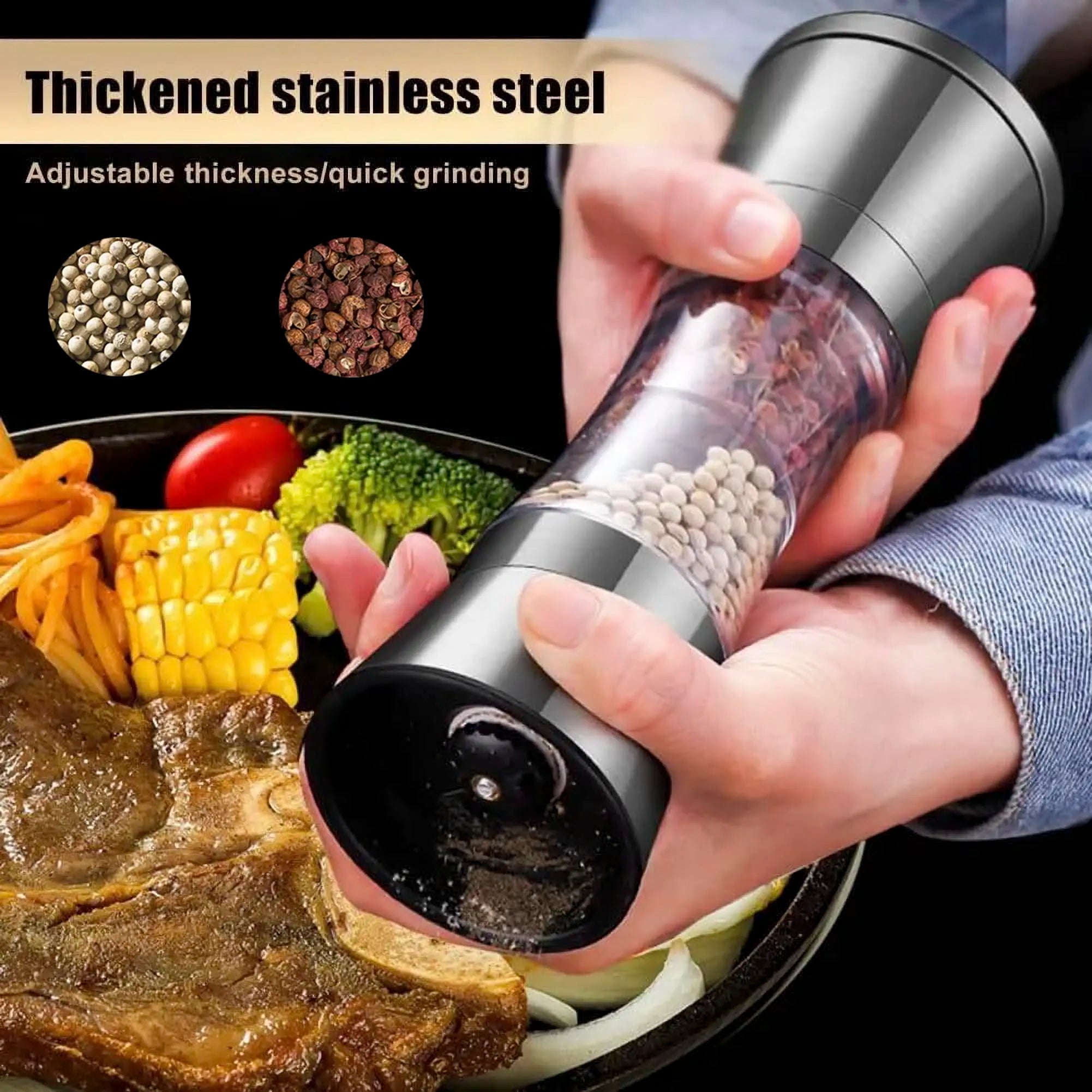 2-in-1 Adjustable Pepper Salt Grinder - Rustproof Stainless Steel Manual Mill with Double Heads & Coarseness Control