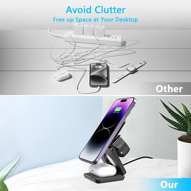 3 in 1 Foldable Magnetic Wireless Charger Stand Macsafe for iPhone 15 14 13 12 Apple Watch 8 7 6 Airpods Fast Charging Station