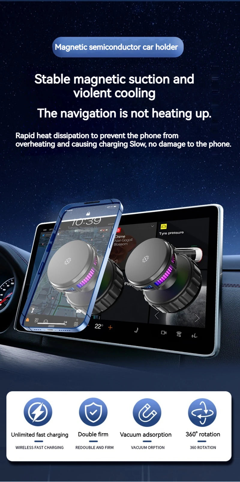 15W Car Magnetic Wireless Charger Phone Stand, Suction Cup with Semiconductor Cooling & Colorful Ambient Lights, 360° Rotatable