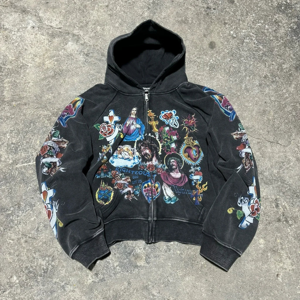 Men Blue Hip Hop Streetwear Hooded Sweatshirt Cartoon Graphic Print Oversized Casual Y2K Fashion Trendy Pullover Urban Style