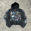 Men Blue Hip Hop Streetwear Hooded Sweatshirt Cartoon Graphic Print Oversized Casual Y2K Fashion Trendy Pullover Urban Style