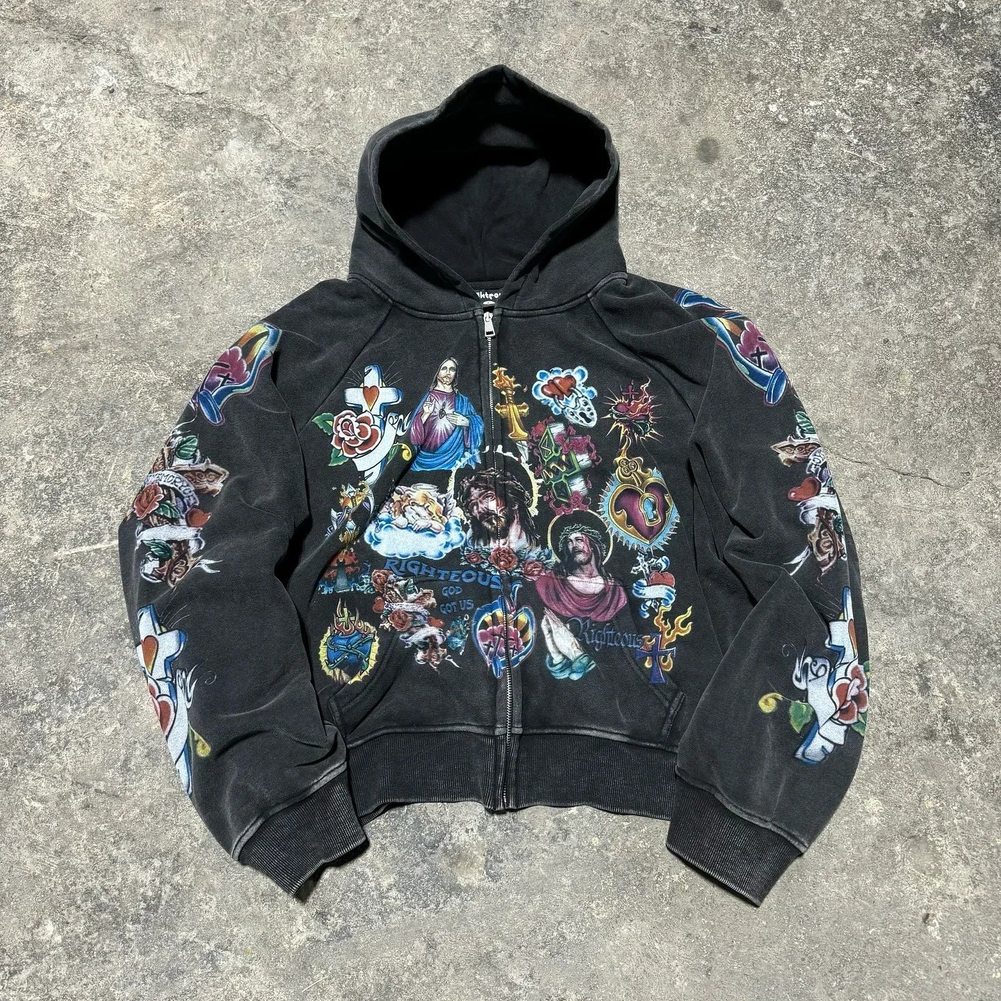 Men Blue Hip Hop Streetwear Hooded Sweatshirt Cartoon Graphic Print Oversized Casual Y2K Fashion Trendy Pullover Urban Style