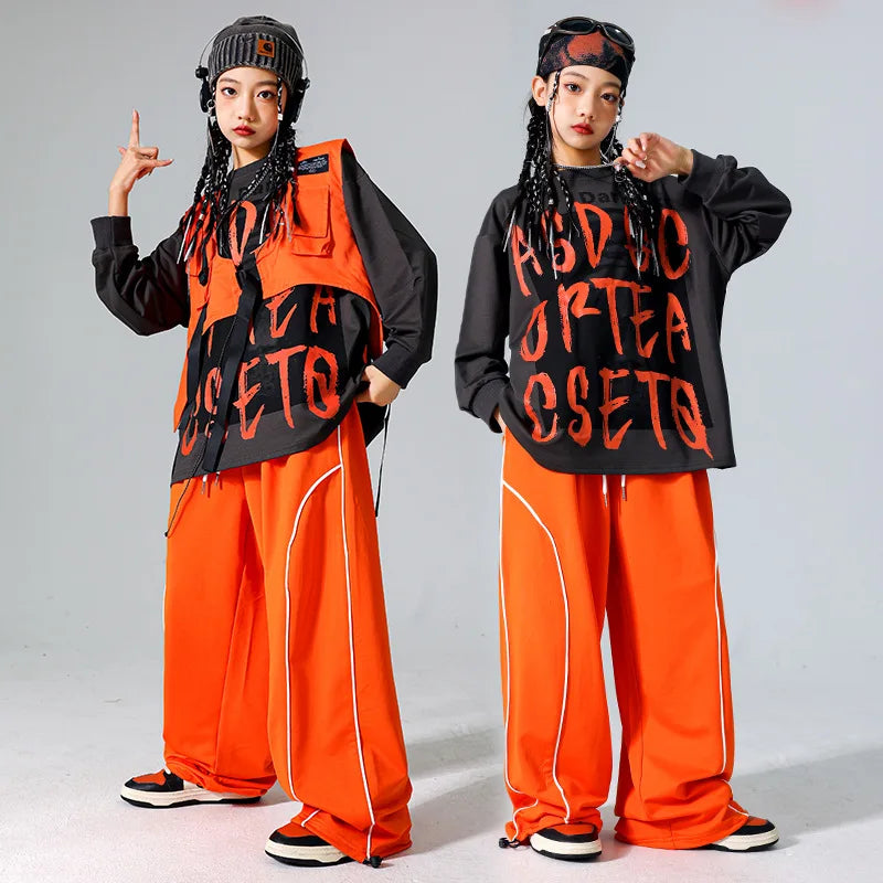 Boys Hip Hop Cool Sweatshirt Vest Cargo Pants Girls Fashion Jazz Street Dance Costume Children Clothes Set Kids K-pop Streetwear