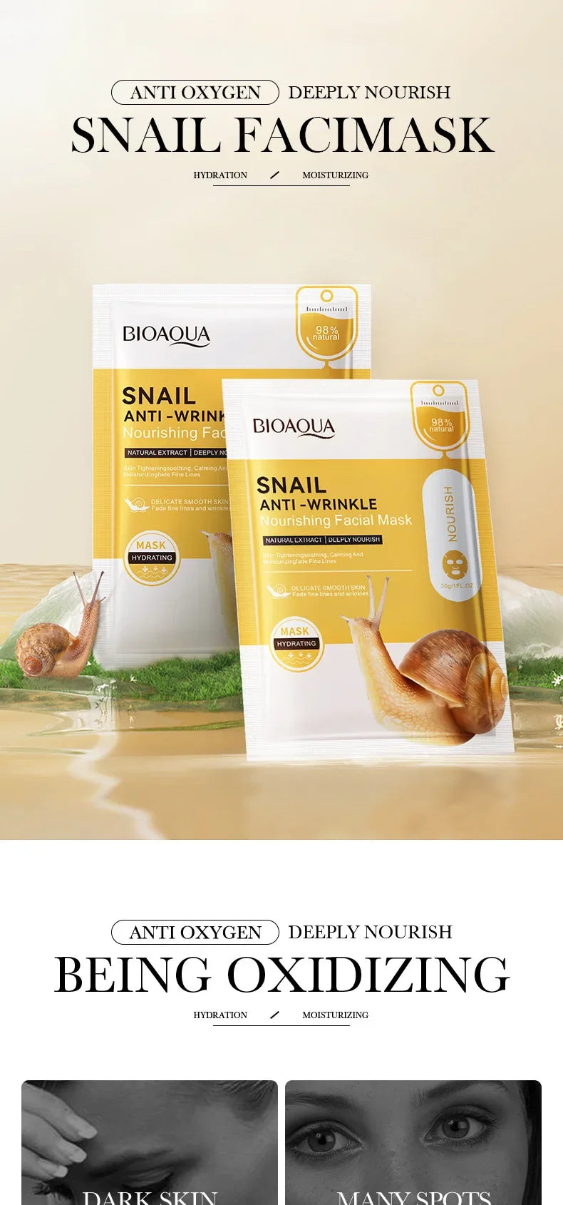 10pcs BIOAQUA Snail Face Mask Moisturizing Brightening Anti-aging Anti Wrinkle skincare Facial Masks Face Sheet Mask Skin Care