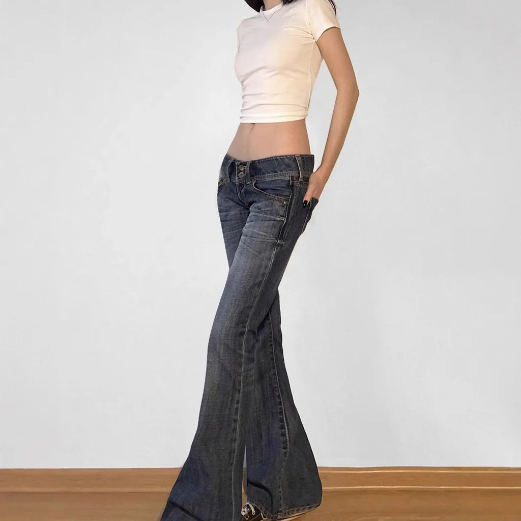 Vintage Y2K Flared Jeans Retro Button-Up Low Rise Casual Denim