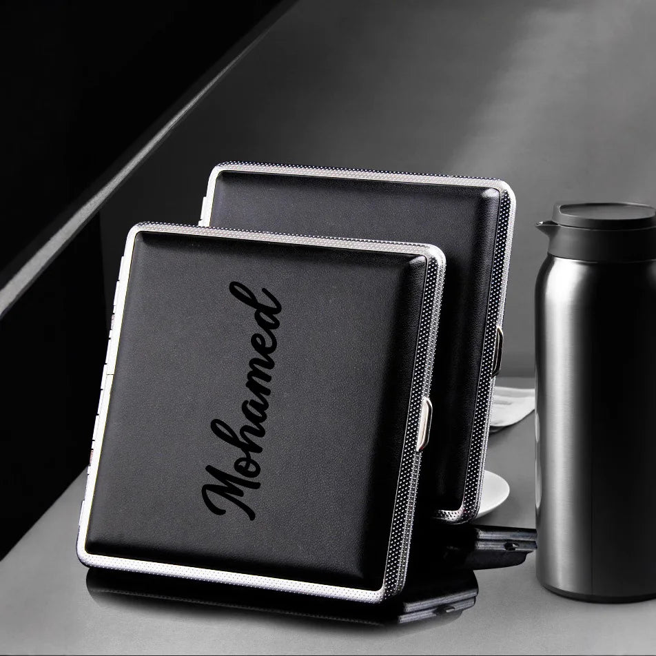 Personalized Name Leather Surface Storage Metal Cigarette Box 20pcs Cigarette Men's Smoking Accessories Waterproof Cigarette Box