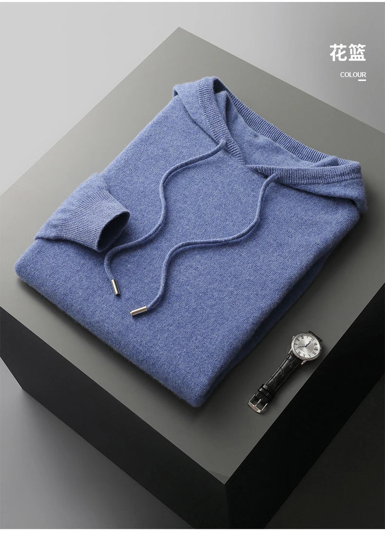 MVLYFLRT Men's 100% Merino Wool Sweater Hooded Collar Knitted Pullover Sweatshirt Autumn Winter Casual Large Tops Long Sleeved