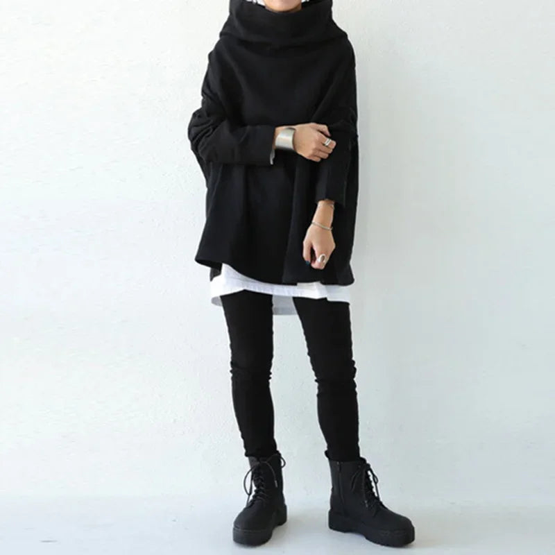 Missuoo Women's Black Turtleneck Oversized Blouse 2026 Summer Casual Loose Long Sleeve Asymmetric Hem T-shirt Top