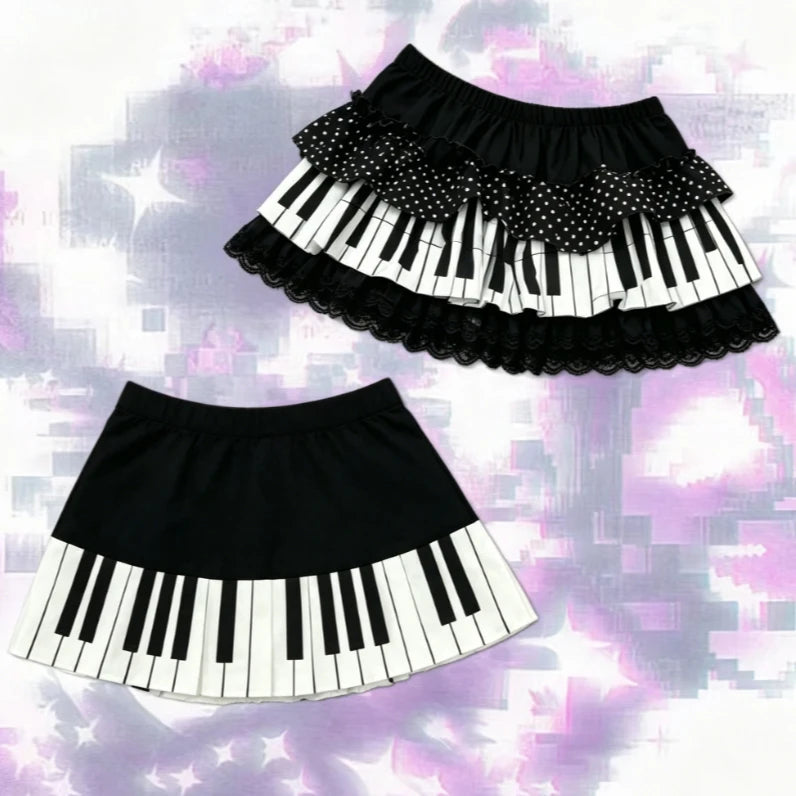 French Elegant Y2K Piano Print Ruffle Lace Mini Skirt Female Retro