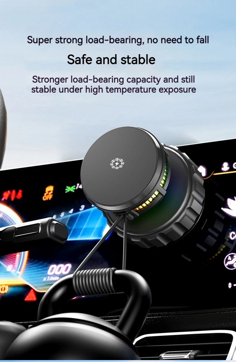 15W Car Magnetic Wireless Charger Phone Stand, Suction Cup with Semiconductor Cooling & Colorful Ambient Lights, 360° Rotatable