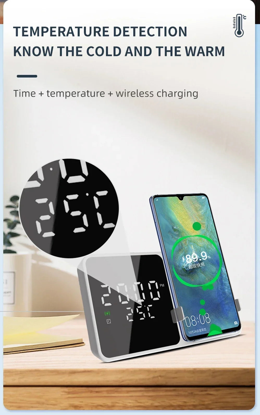 Wireless Charger Pad Stand with Alarm Clock Thermometer for iPhone 14 13 12 11 X Xiaomi Samsung 15W Phone Fast Charging Station
