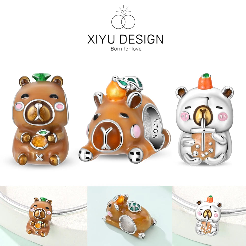 Cute Pet Series Capybara Couples Charms Eat Fruit Beads Fit DIY 925 Silver Bracelet Necklace Women Anniversary Jewelry Gift