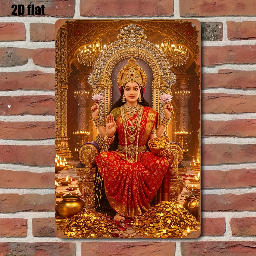 Metal Goddess Durga Lakshmi Statue - Iron Wall Art Decor with Gold Red Sari, 20x30cm Hindu Altar & Home Temple Decor, Spiritual