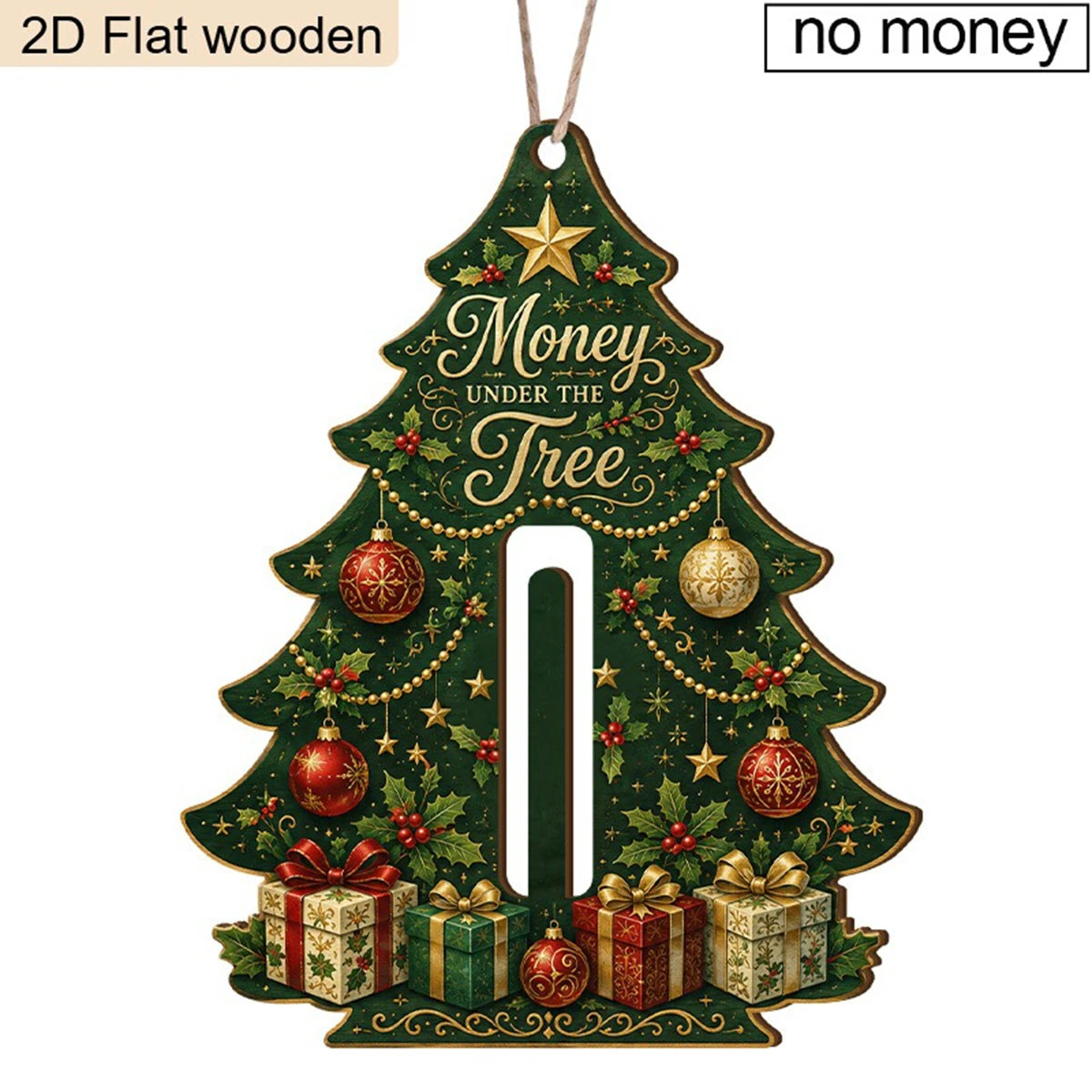 Christmas Tree Wooden Money Holder Ornament 2D Flat Wood Cash Clip Hanging Decor Merry Christmas Tree Shape Money Holder Gift