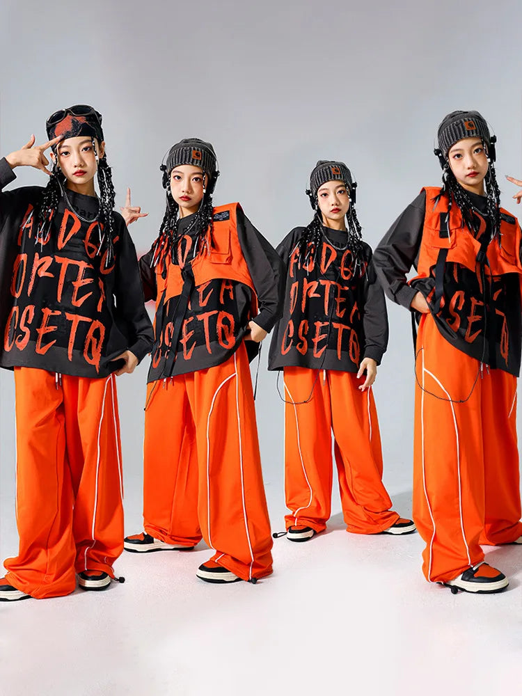 Boys Hip Hop Cool Sweatshirt Vest Cargo Pants Girls Fashion Jazz Street Dance Costume Children Clothes Set Kids K-pop Streetwear