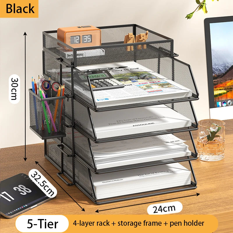4-Tier Desk Organizer Stackable Tray Office Desk Organizer File and Desktop Holder for Paper Letter Accessories Black