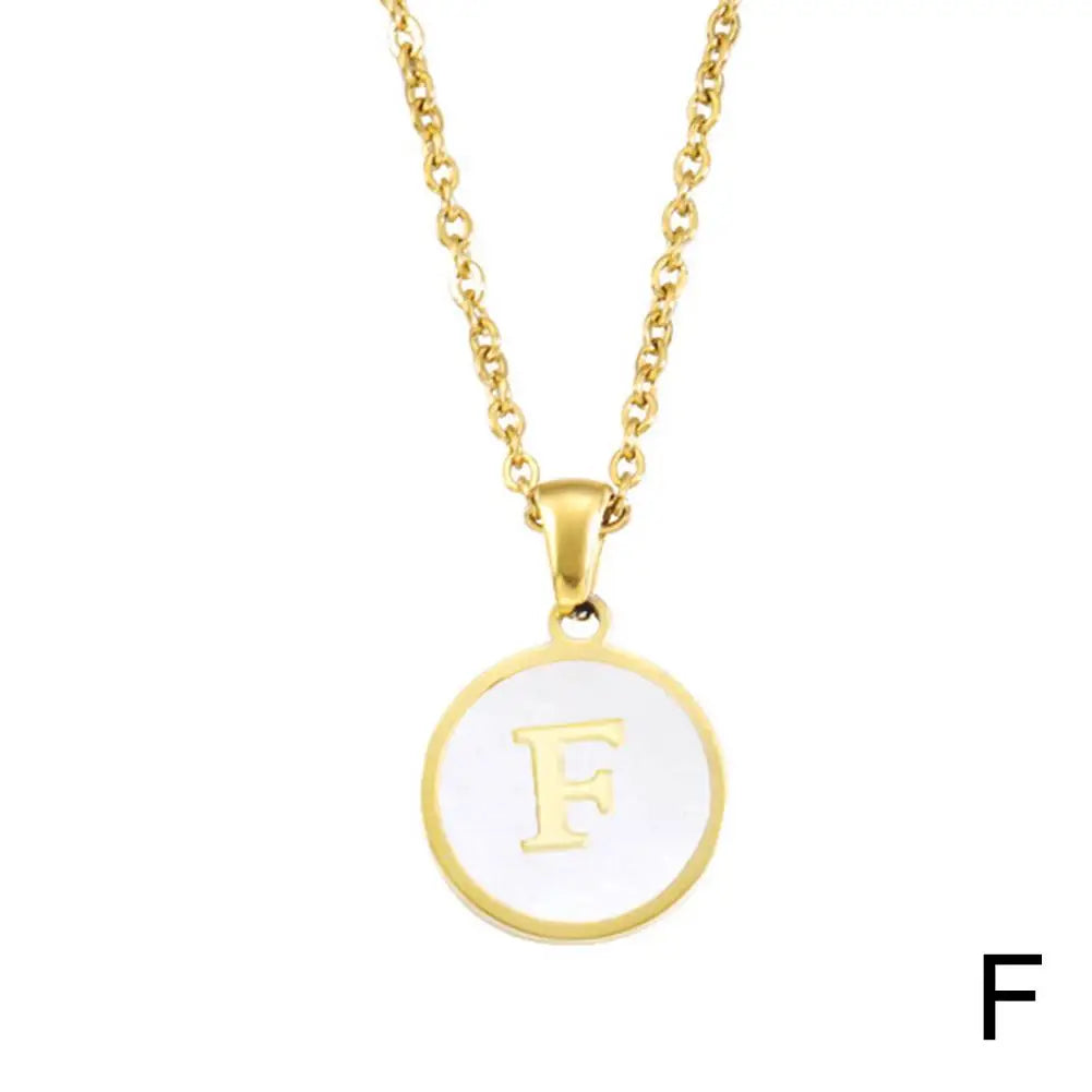 Vintage Initial 26 Letters A To Z White Shell Pendant Necklace Gold Color Steel For Women Men Choker Jewelry Necklace