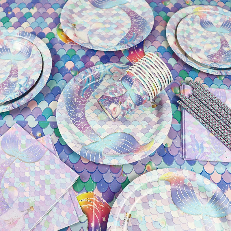 Mermaid Birthday Party Decoration Disposable Tableware Set Little Mermaid Tail Plates Girl Mermaid Party Supplies Wedding Decor