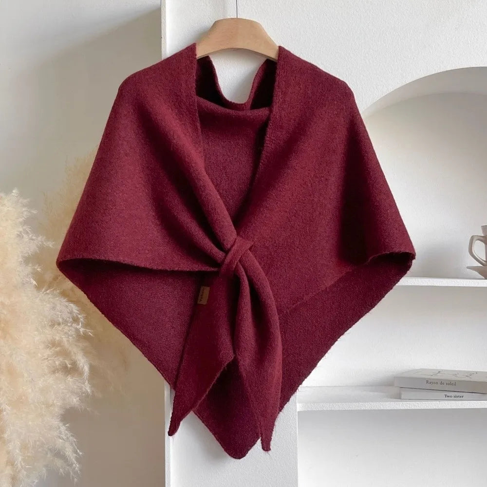 Casual Solid Color Knitted Shawl Thickened Soft Triangle Scarf Winter Warm Neck Wrap Wool Blended Shawl