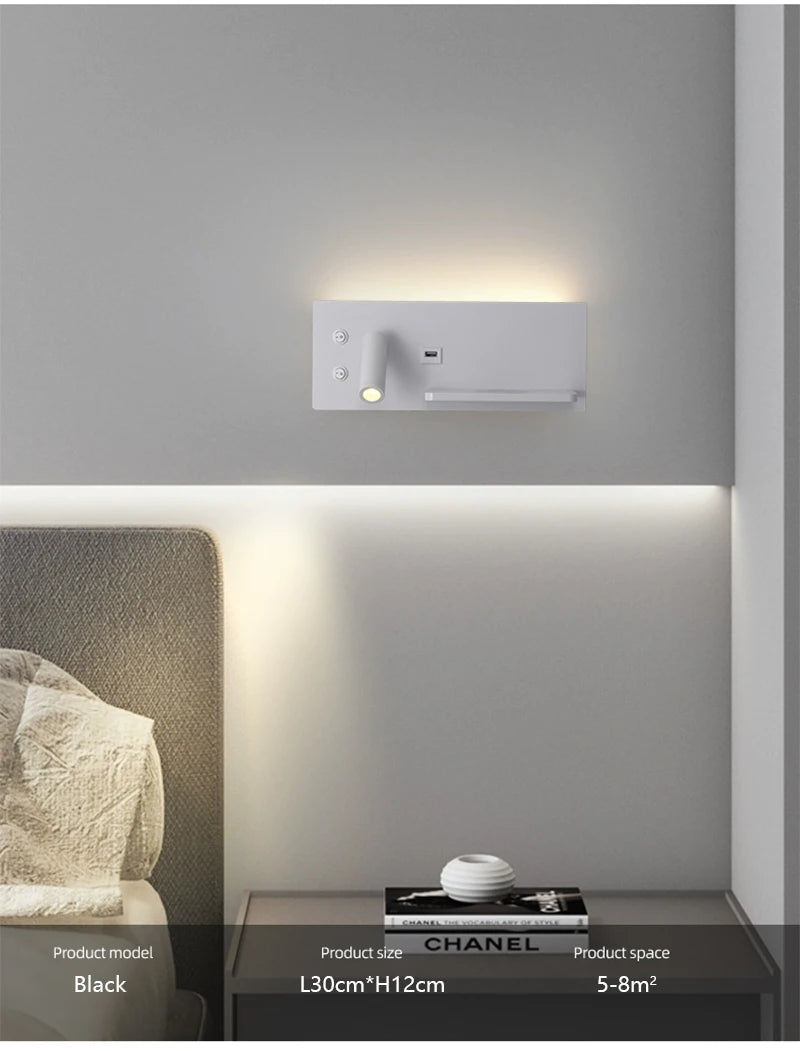 Multi Functional Wall lamp with Mobile phone Wireless charger switch USB interface Bedroom Night light LED Reading wall light