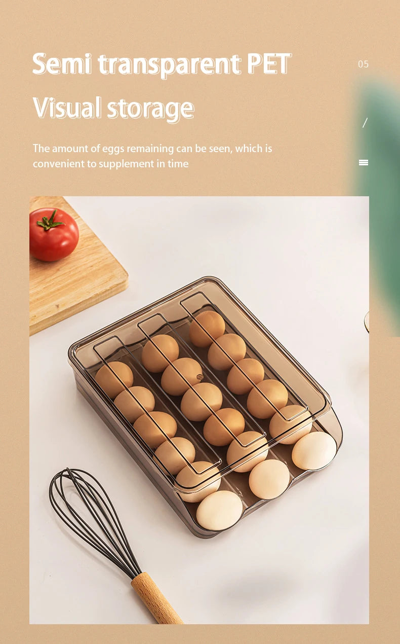Automatic Slide Egg Storage Box Transparent Drawer, Stackable Rolling Eggs Rack Egg Tray Holder Basket, Kitchen Fridge Organize