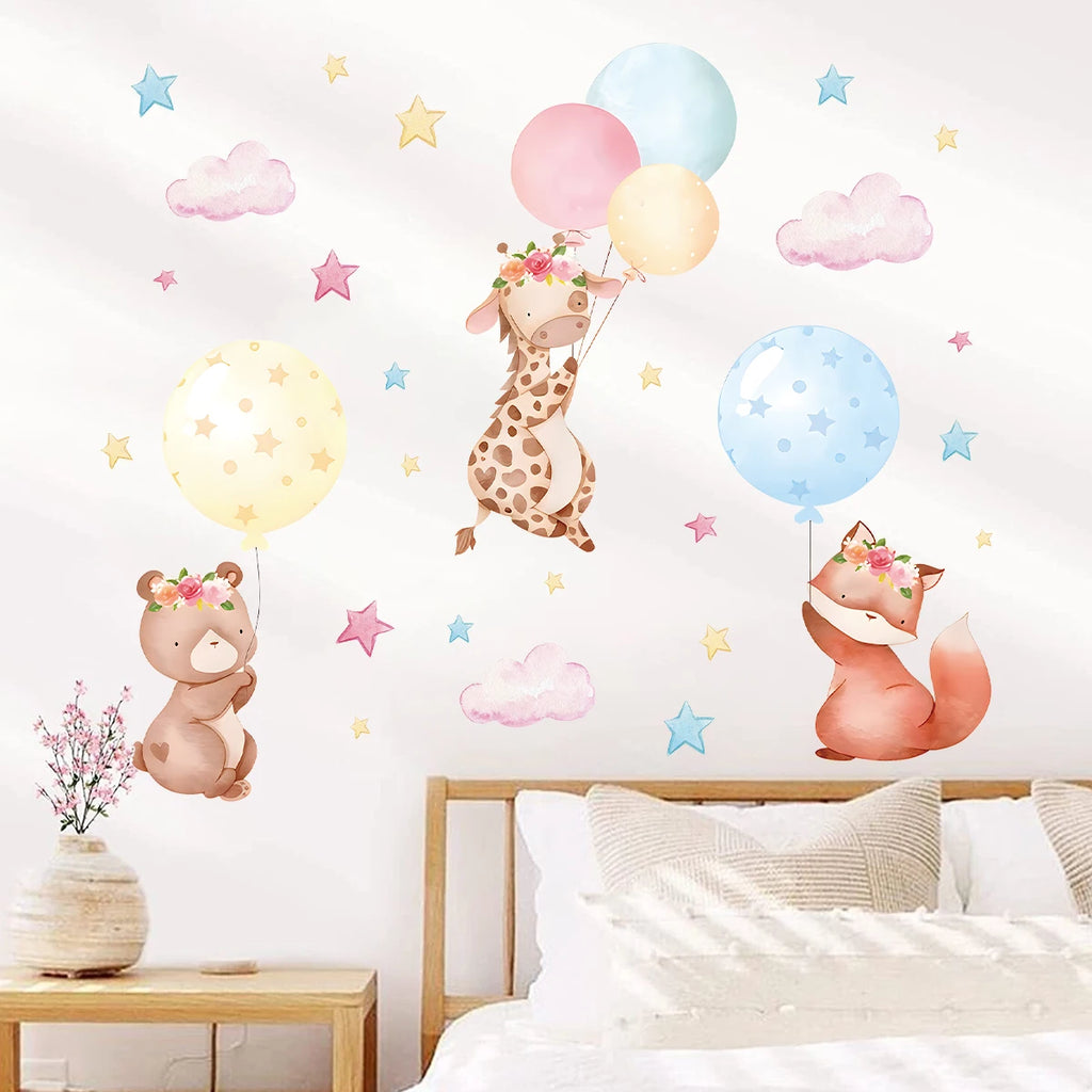 1Pc Cartoon Cute Animals Rabbit Balloon Wall Sticker Decoration for Bedroom Girls Gift Wall Art Home Decor Living Room Kids Room