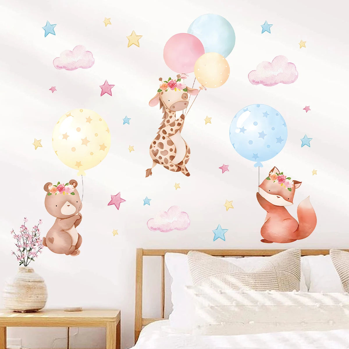 1Pc Cartoon Cute Animals Rabbit Balloon Wall Sticker Decoration for Bedroom Girls Gift Wall Art Home Decor Living Room Kids Room