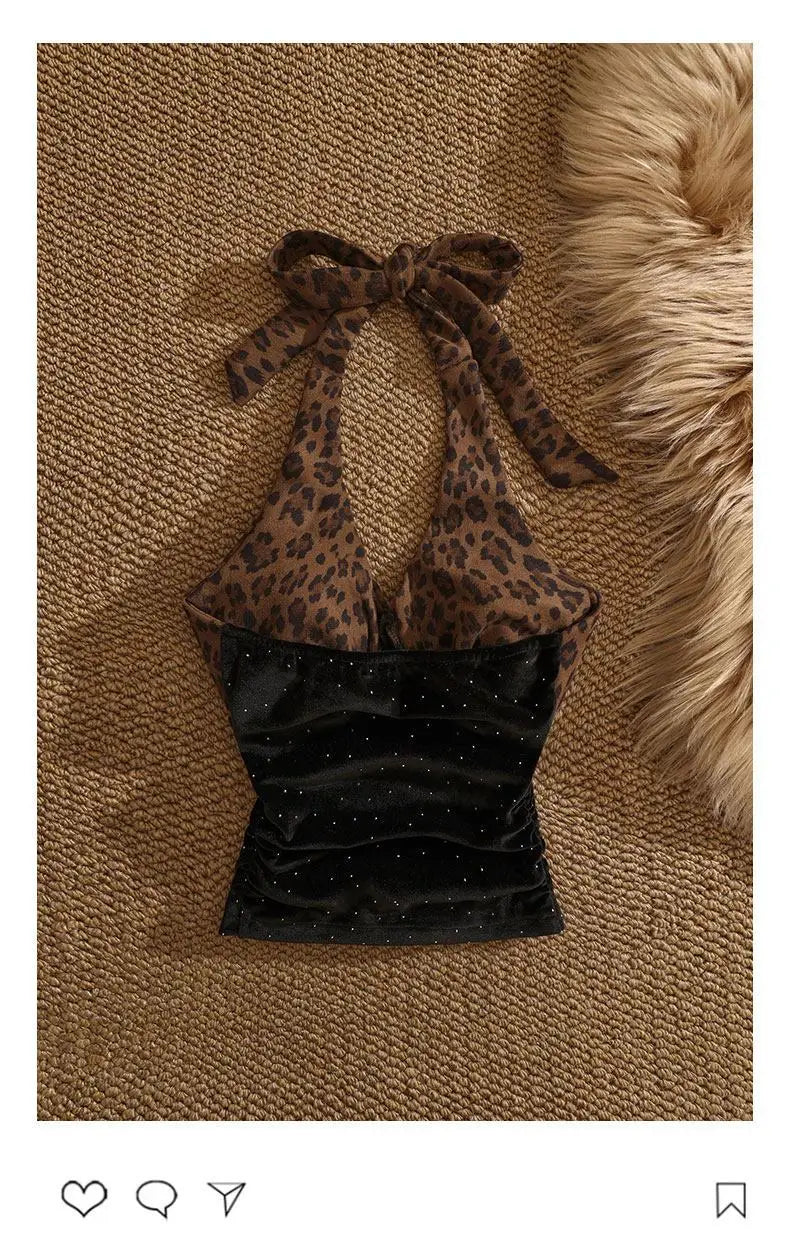 Y2K Sling Slim Goth Punk Tank Top Vintage 2000s Halter Leopard