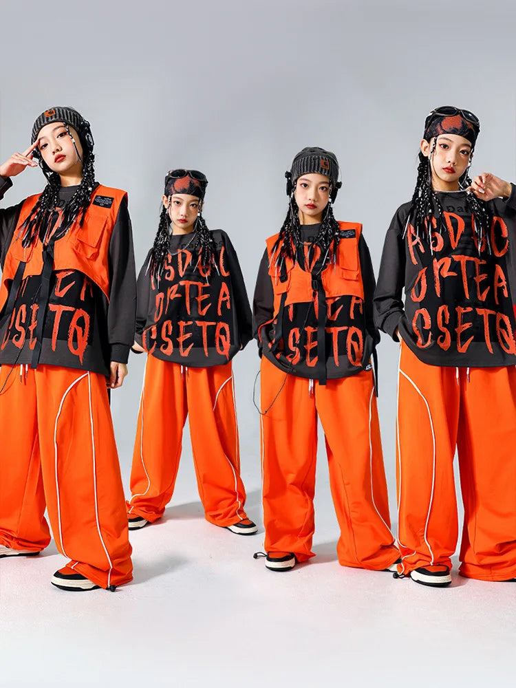 Boys Hip Hop Cool Sweatshirt Vest Cargo Pants Girls Fashion Jazz Street Dance Costume Children Clothes Set Kids K-pop Streetwear
