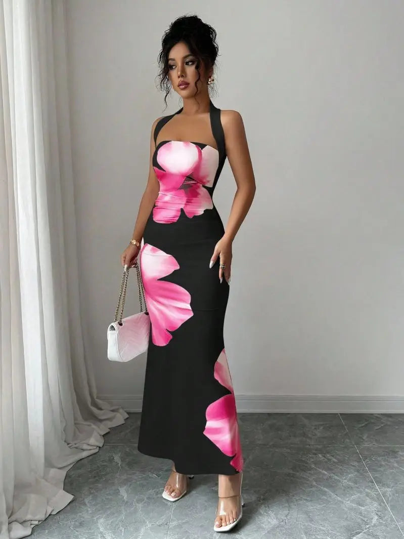 Slim Fit Hanging Neck Strapless Long Skirt Waist Cinching