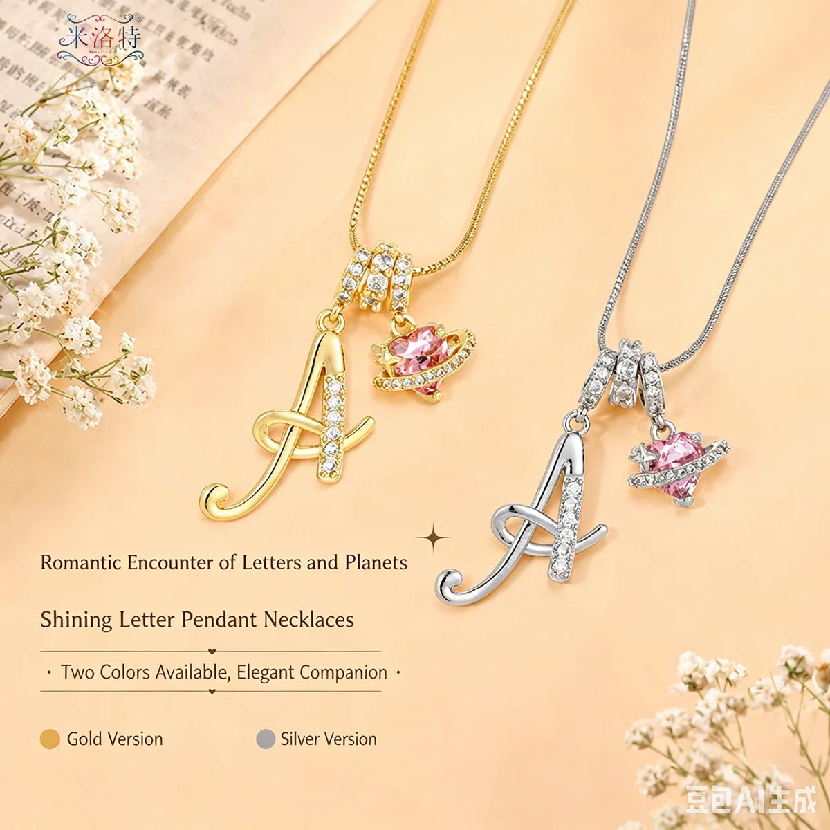 Pink Zircon Heart Letter Necklace, Gold Plated