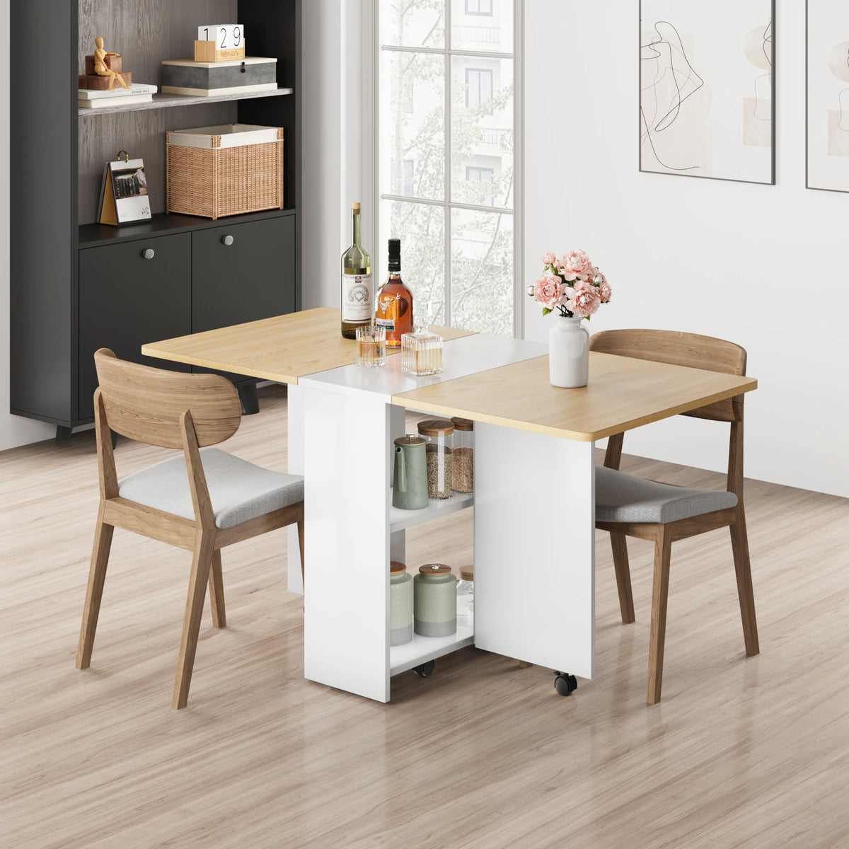 Folding Dining Table With Wheels And 2 Tier Storage