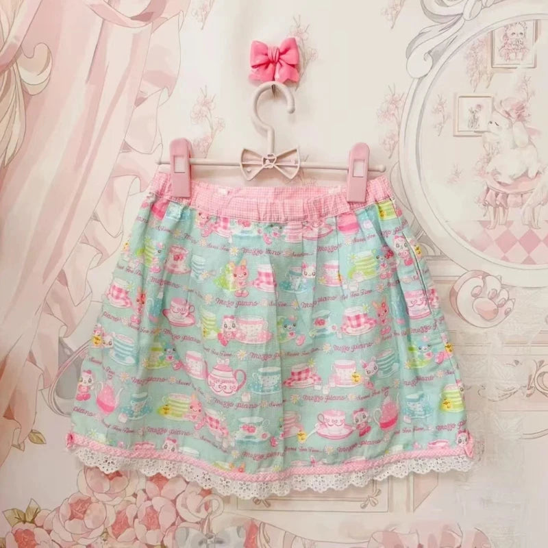 Japan Sweet Lolita Style Cake Mini Skirts Women Kawaii Cartoon Embroidery Bow Pleated Skirts Y2k Short Fairy Skirt Faldas Mujer