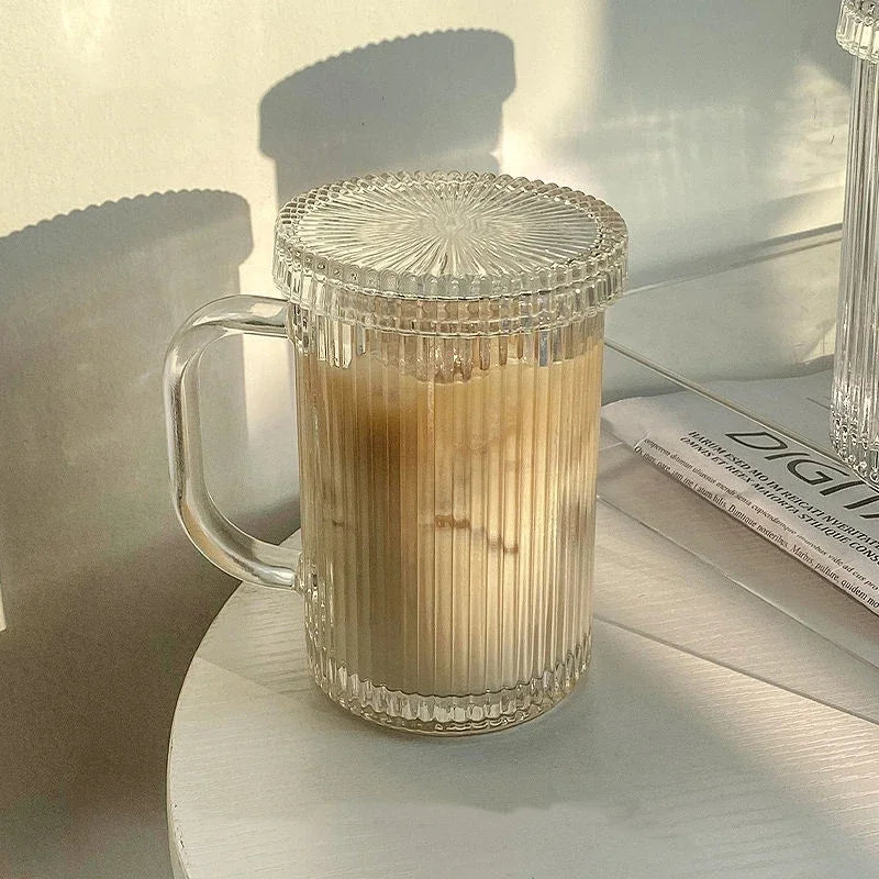 Transparent Coffee Mugs Simple Stripe Glass Cup with Lid Straw Tea Cup Juice Drinking Wine Beer Milk Breakfast Shot Glasses Set