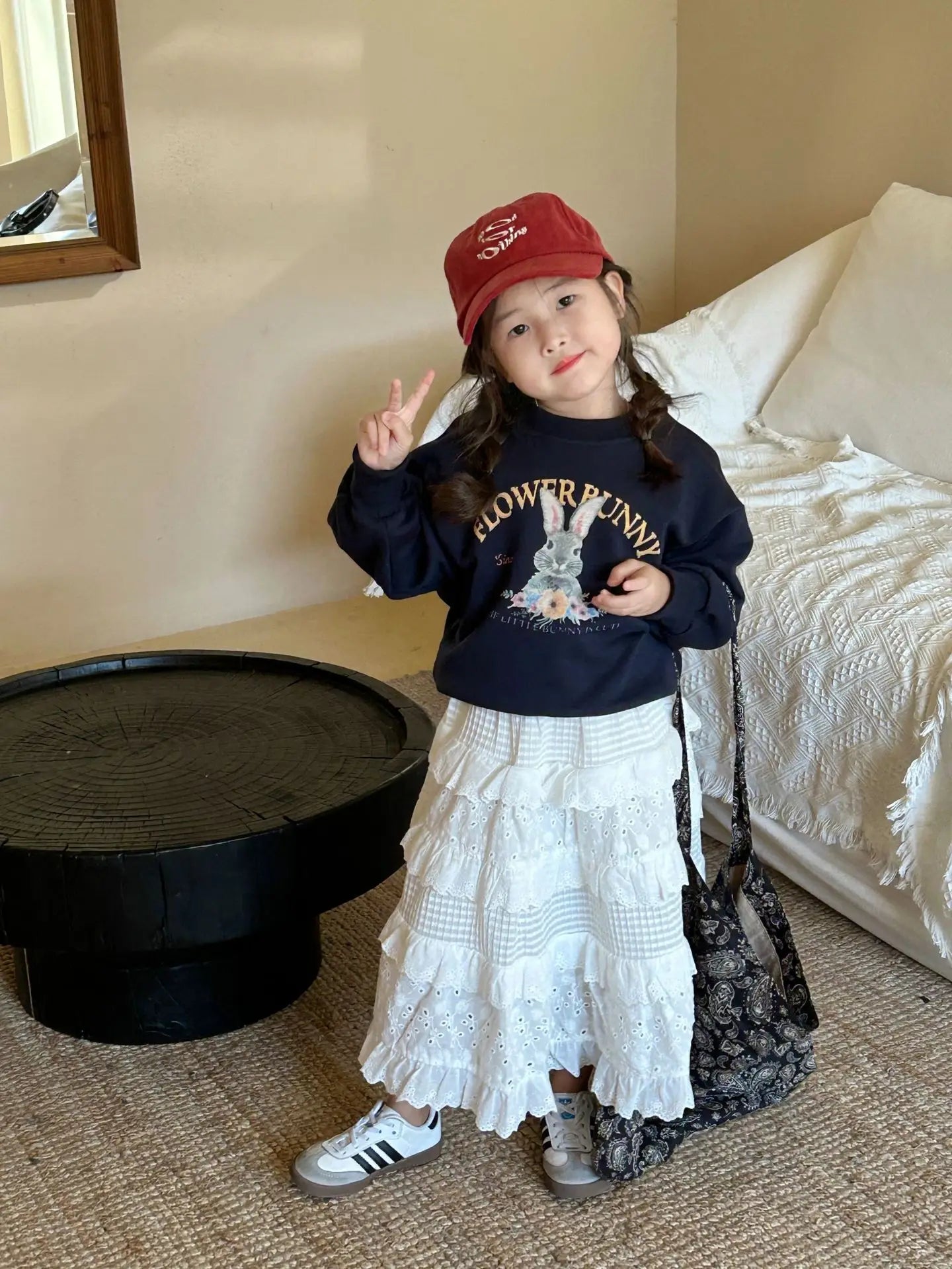 Korean Girls 2024 Navy Blue Cute Rabbit Sweatshirt+ White Lace Cake Skirt Girl 2pcs Cotton Set Fashion Baby Spring Autumn Outfit