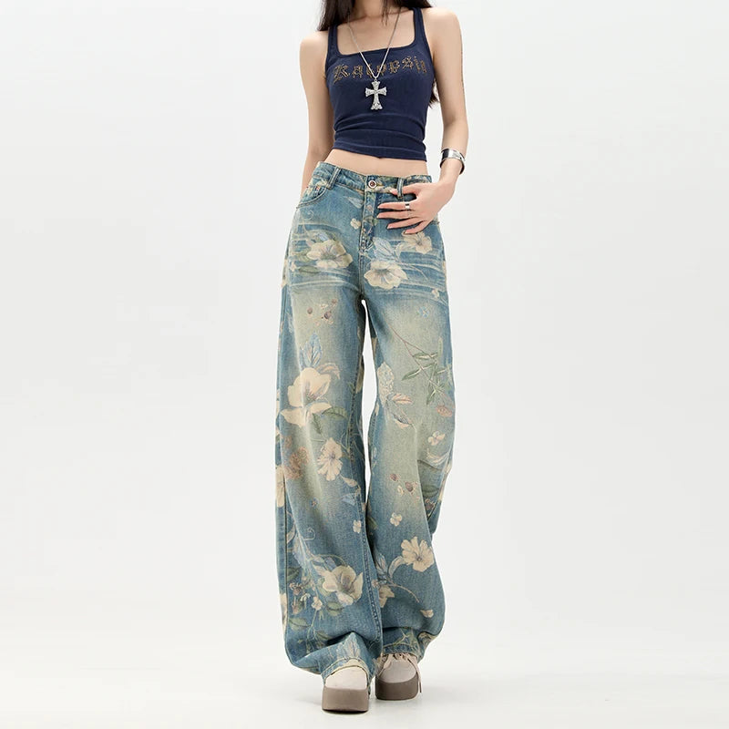 Summer Y2K Pants Jeans for Woman Loose Fit High Waist Retro Wide