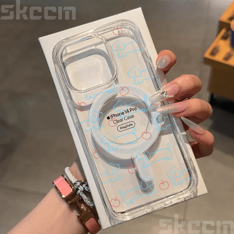 Cute Dachshund Bulldog Pattern Magnetic Phone Case For iPhone 17 16 15 14 13 12 11 Pro Max 16E X XS XR Clear Hard Cover