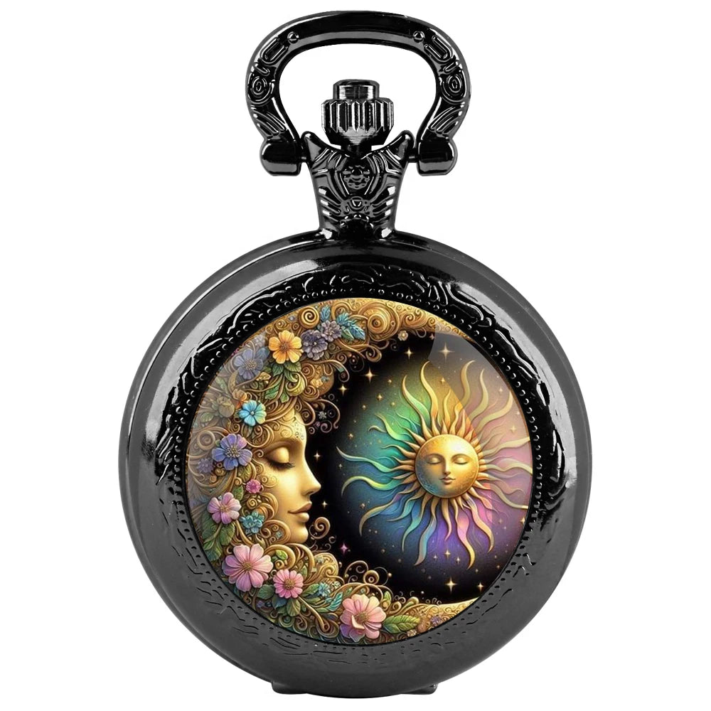 Sun and Moon Goddess Quarzt Pocket Watch with Chain