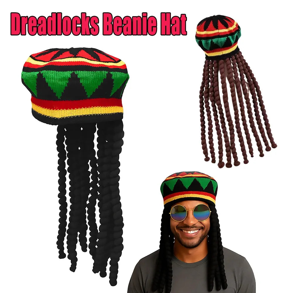 Unisex Dreadlocks Beanie Hat with Fake Braids Jamaican Rasta Reggae Cap Crochet Knitted Skull Cap for  Halloween Christmas Party